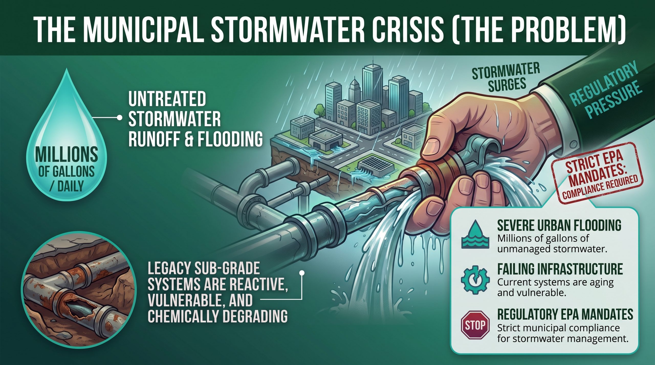 Infographic illustrating the municipal stormwater crisis, untreated runoff flooding urban environments, and failing legacy sub-grade pipe systems.